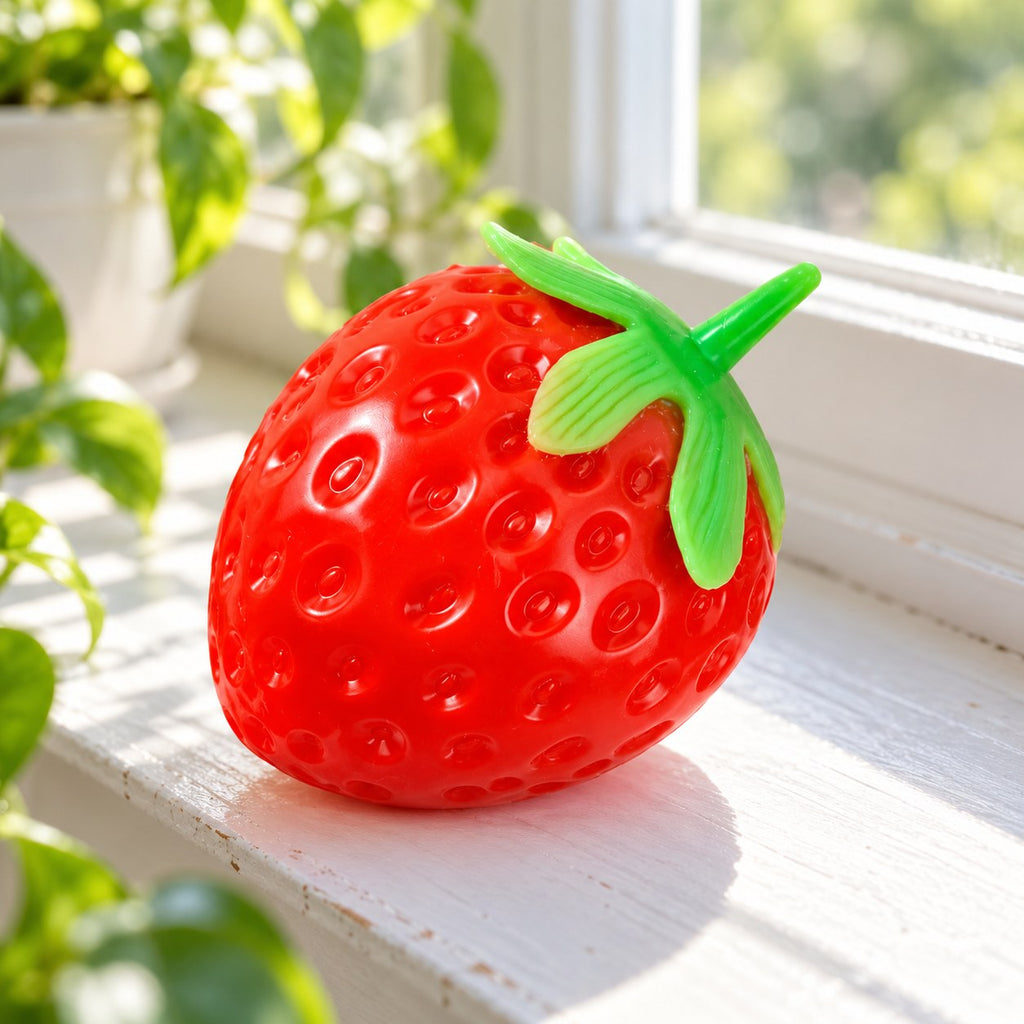 Strawberry squishy taba, on a sunny windowsill