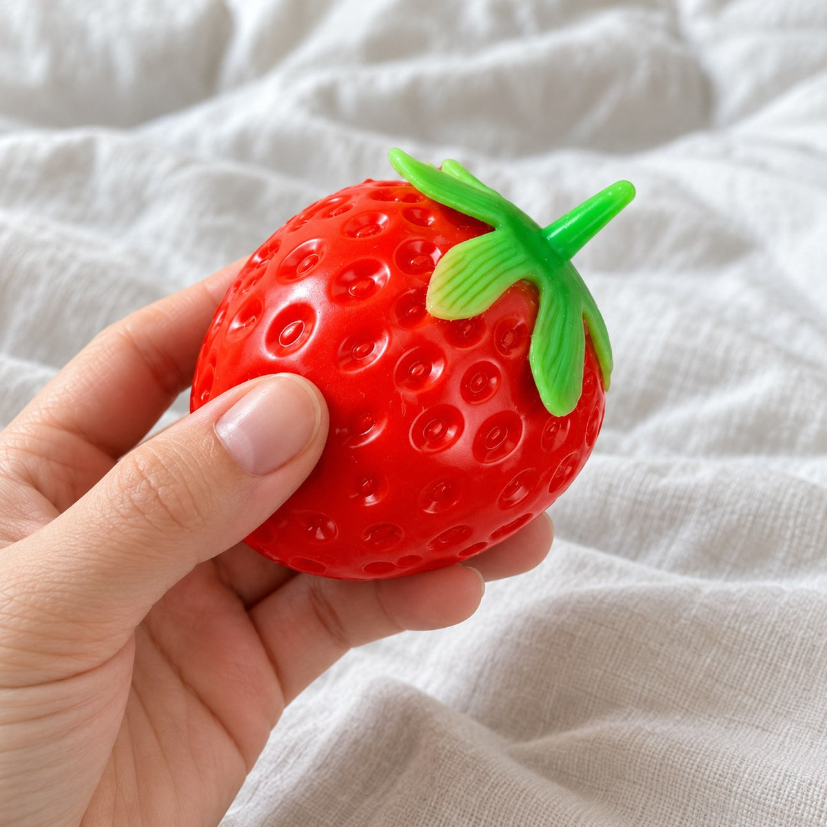 Strawberry squishy taba, held toward the camera, first-person view