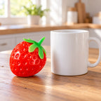 Crunchy Strawberry Squishy, Handmade, next to a coffee mug for size comparison