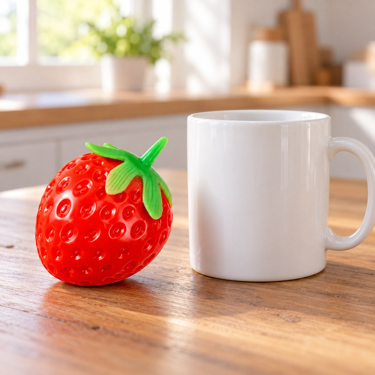Crunchy Strawberry Squishy, Handmade, next to a coffee mug for size comparison
