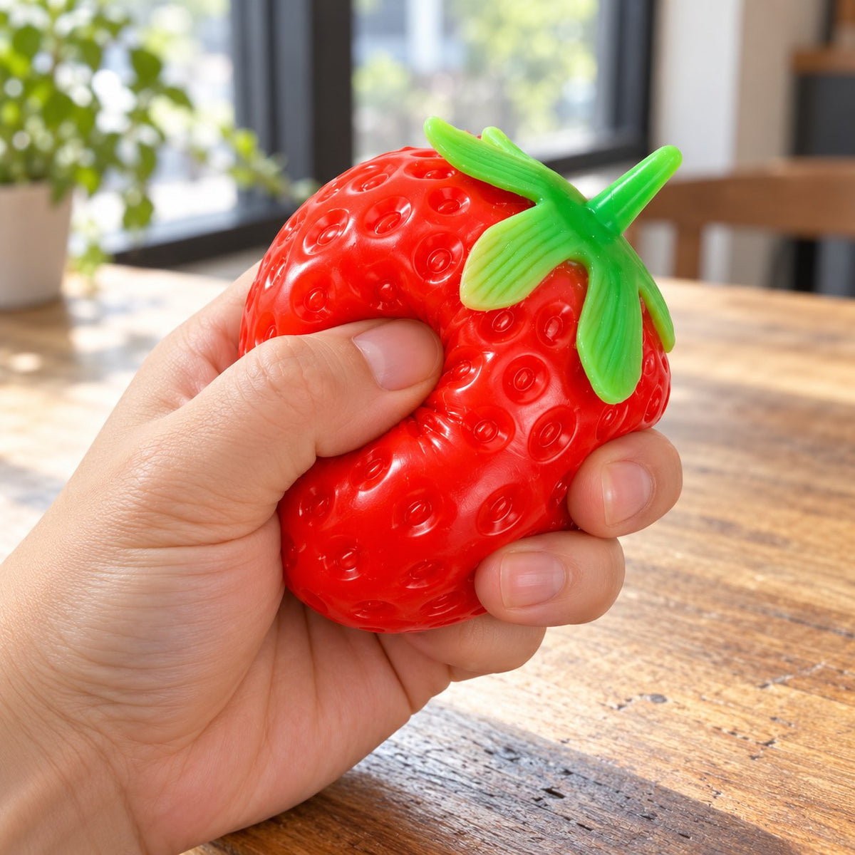 Crunchy Strawberry Squishy, Handmade, being squeezed by hand, soft and squishy