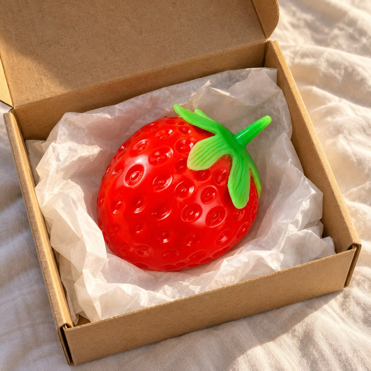 Strawberry squishy crunchy, unboxed from a parcel with tissue paper