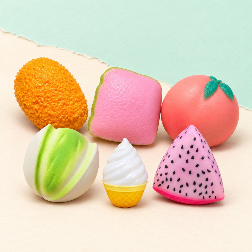 Fruit squishy crunchy – Crunchy Taba Squishy Collection, all 6, product photo on pastel paper