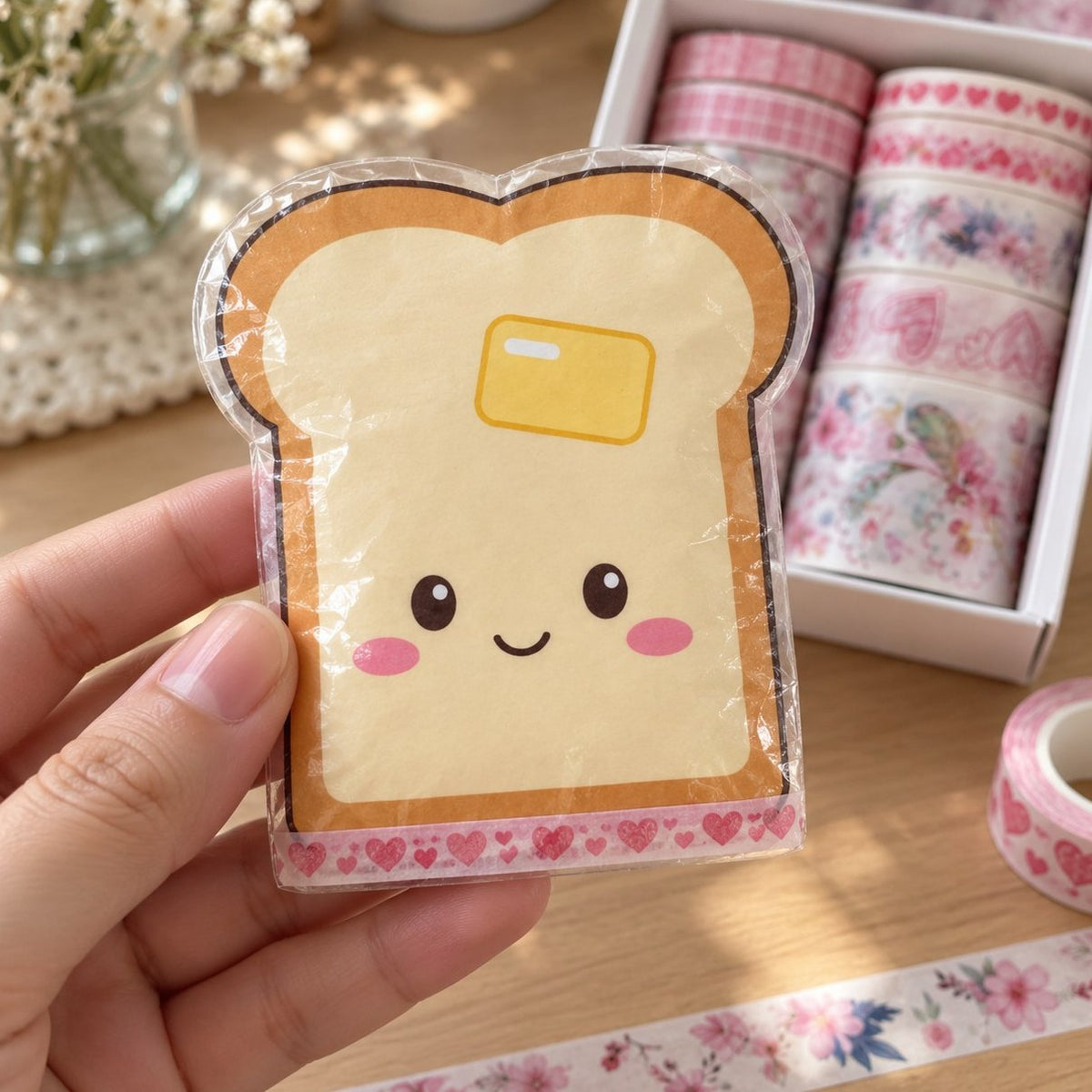 Decorar squishy de papel: tostada con una franja de corazones rosas
