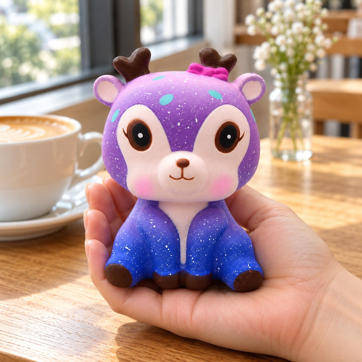 Galaxy Deer Squishy, Slow Rising PU, held in a hand to show the real size