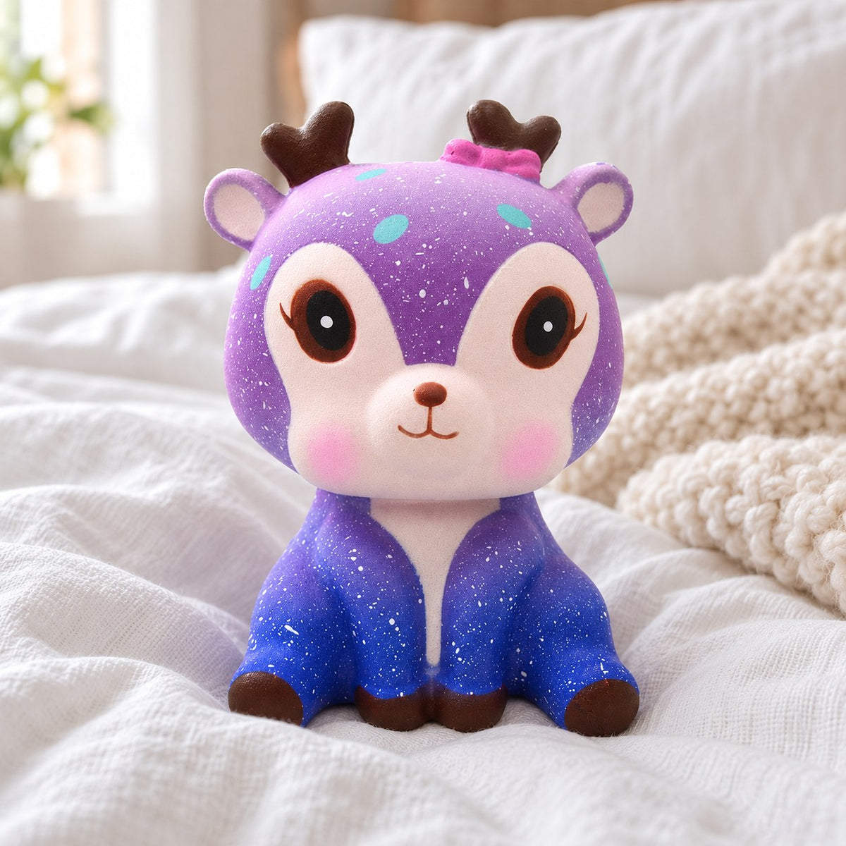 Galaxy Deer Squishy, Slow Rising PU, on a cozy bed with soft blankets