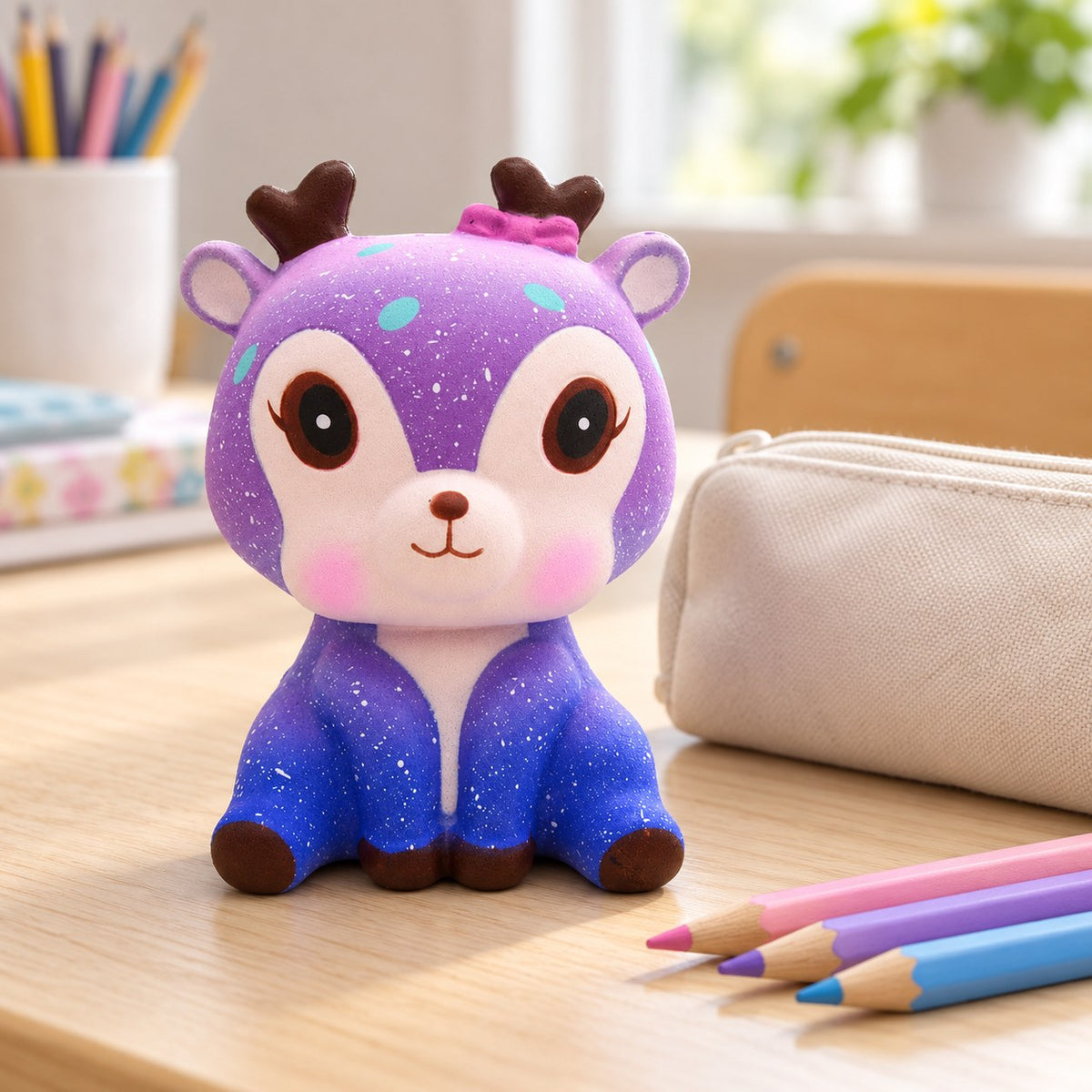 Galaxy Deer Squishy, Slow Rising PU, on a school desk next to a pencil case