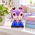 Galaxy Deer Squishy, Slow Rising PU, on a shelf with books and a plant as room decor