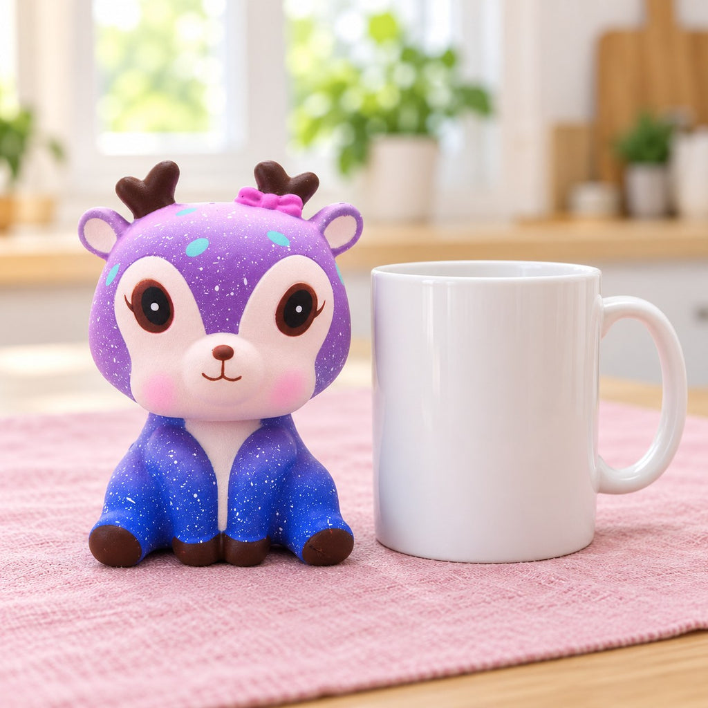 Galaxy Deer Squishy, Slow Rising PU, next to a coffee mug for size comparison