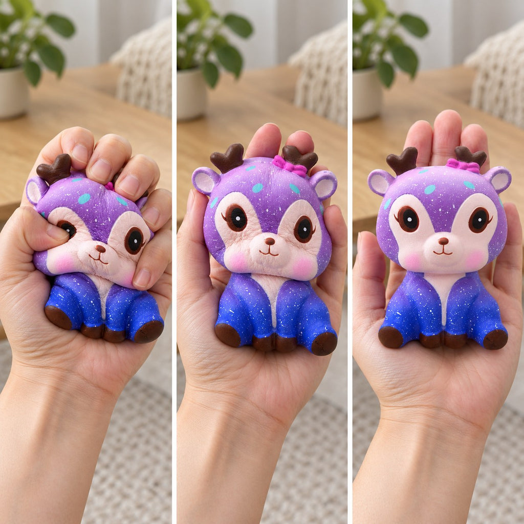 Deer squishy, squished flat, half risen and fully back in shape