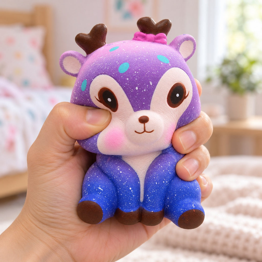 Galaxy Deer Squishy, Slow Rising PU, being squeezed by hand, soft and squishy