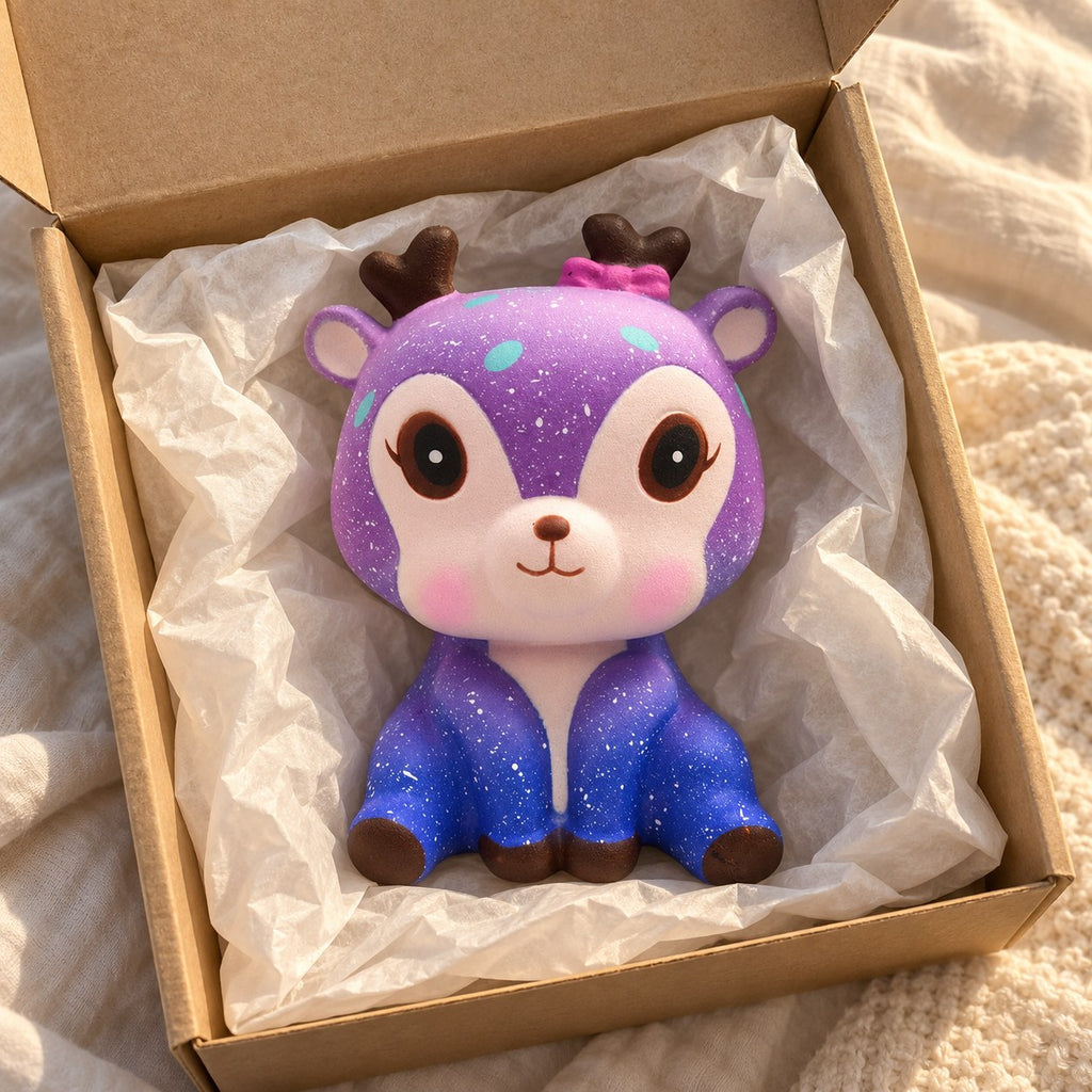 Galaxy deer squishy, unboxed from a parcel with tissue paper