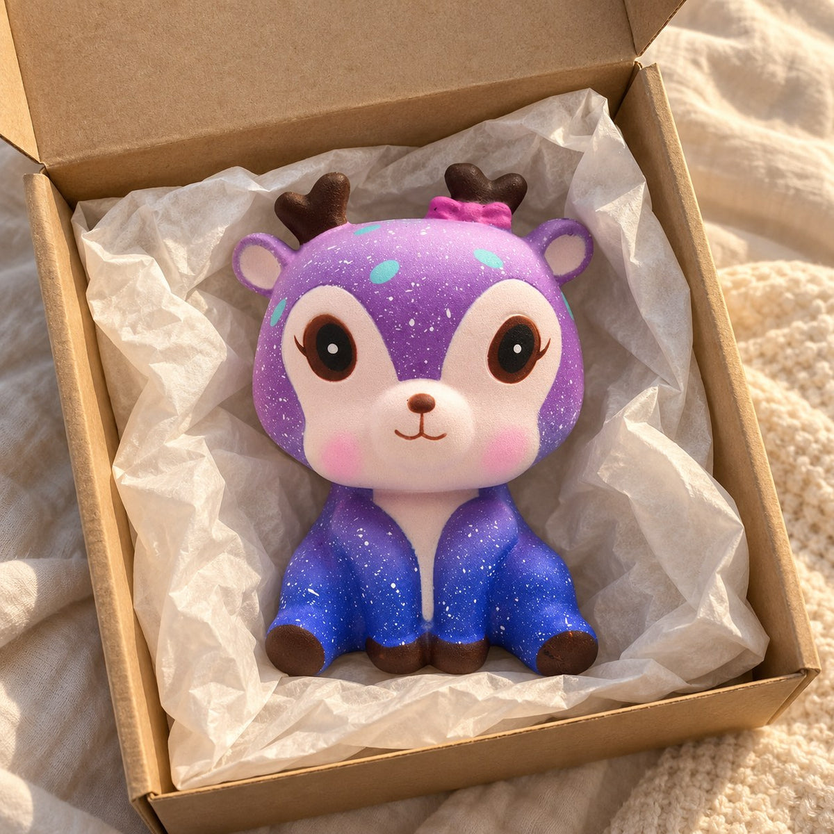 Galaxy deer squishy, unboxed from a parcel with tissue paper