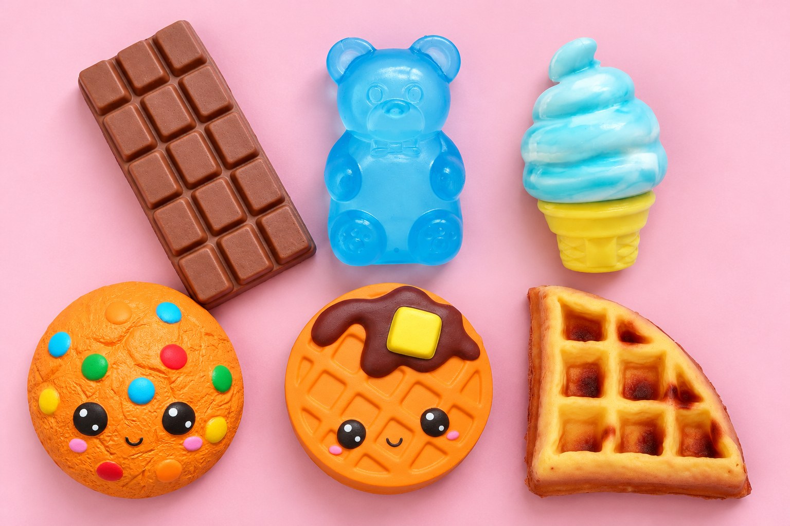 Dessert squishy spread from above on pink: chocolate bar, gummy bear, ice cream cone, cookie, kawaii waffle, waffle slice