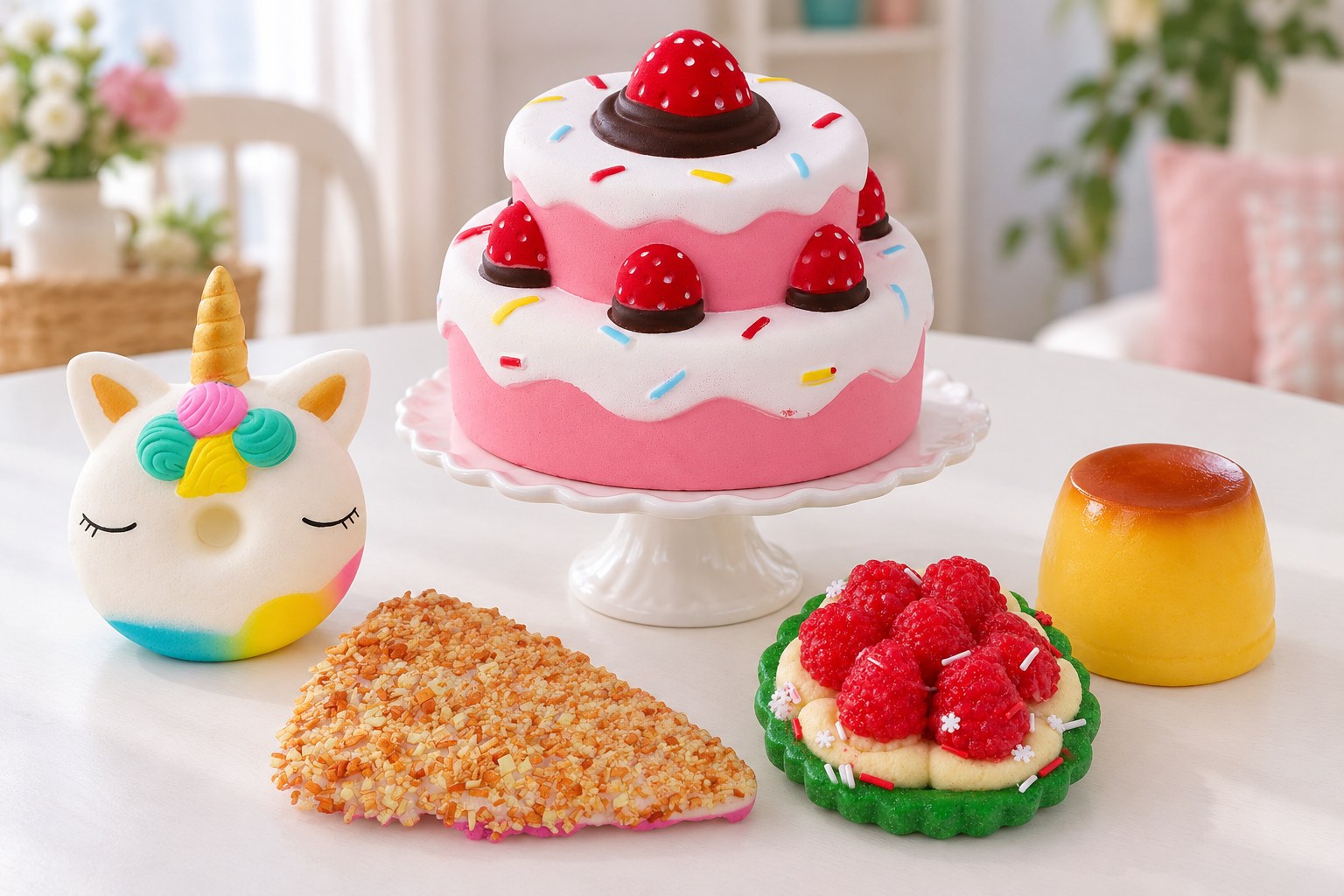 Dessert squishies on a white party table: strawberry cake on a cake stand, rainbow cake slice, unicorn donut, berry tart and pudding