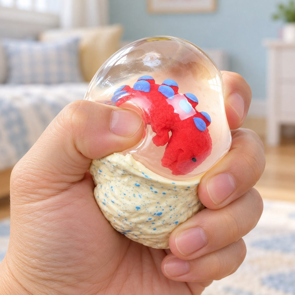 Mit der Hand zusammengedrückt: Dino Ei Squishy mit Wasser, schön weich