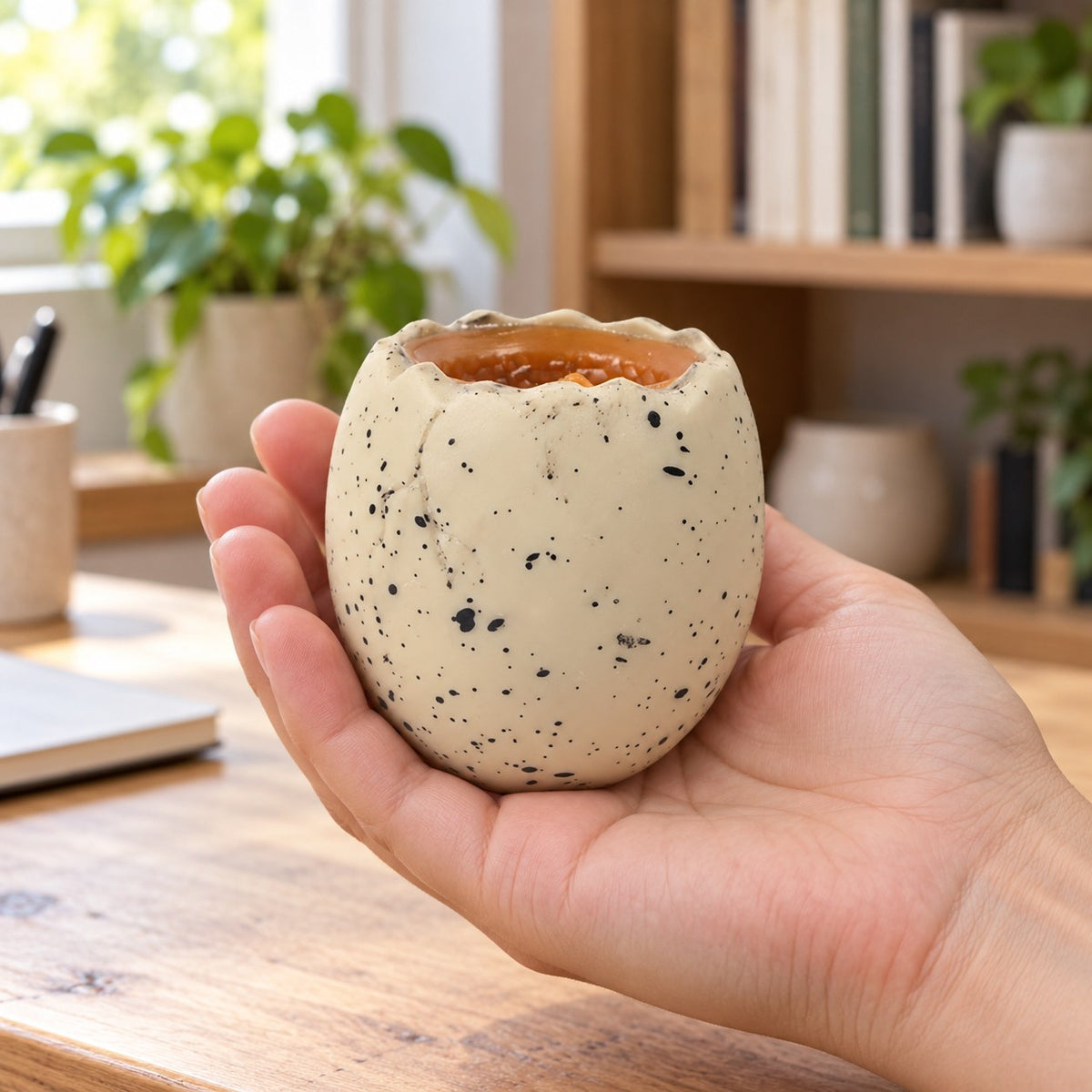 Dinosaur egg squishy, held in a hand to show the real size