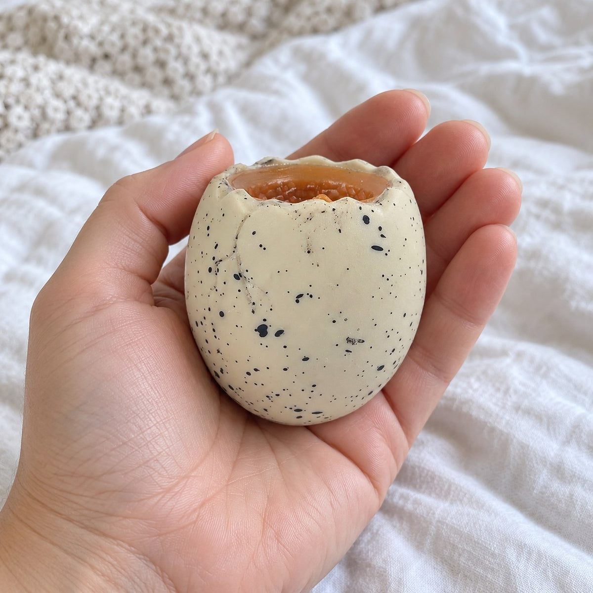 Dinosaur egg squishy baby dino pops out, held toward the camera, first-person view