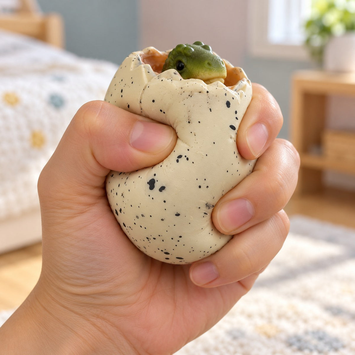 Dinosaur egg squishy baby dino pops out, being squeezed by hand, soft and squishy