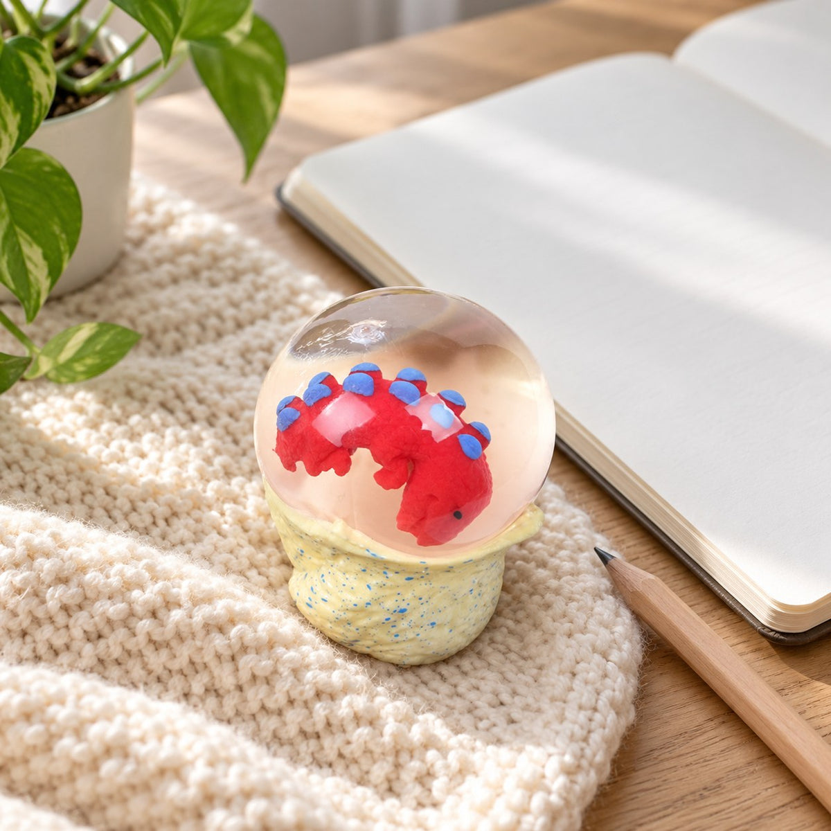 Dinosaur Egg Squishy, Water Ball with Baby Dino, on a desk with a notebook and pencil