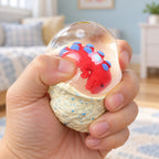 Dinosaur Egg Squishy, Water Ball with Baby Dino, being squeezed by hand, soft and squishy