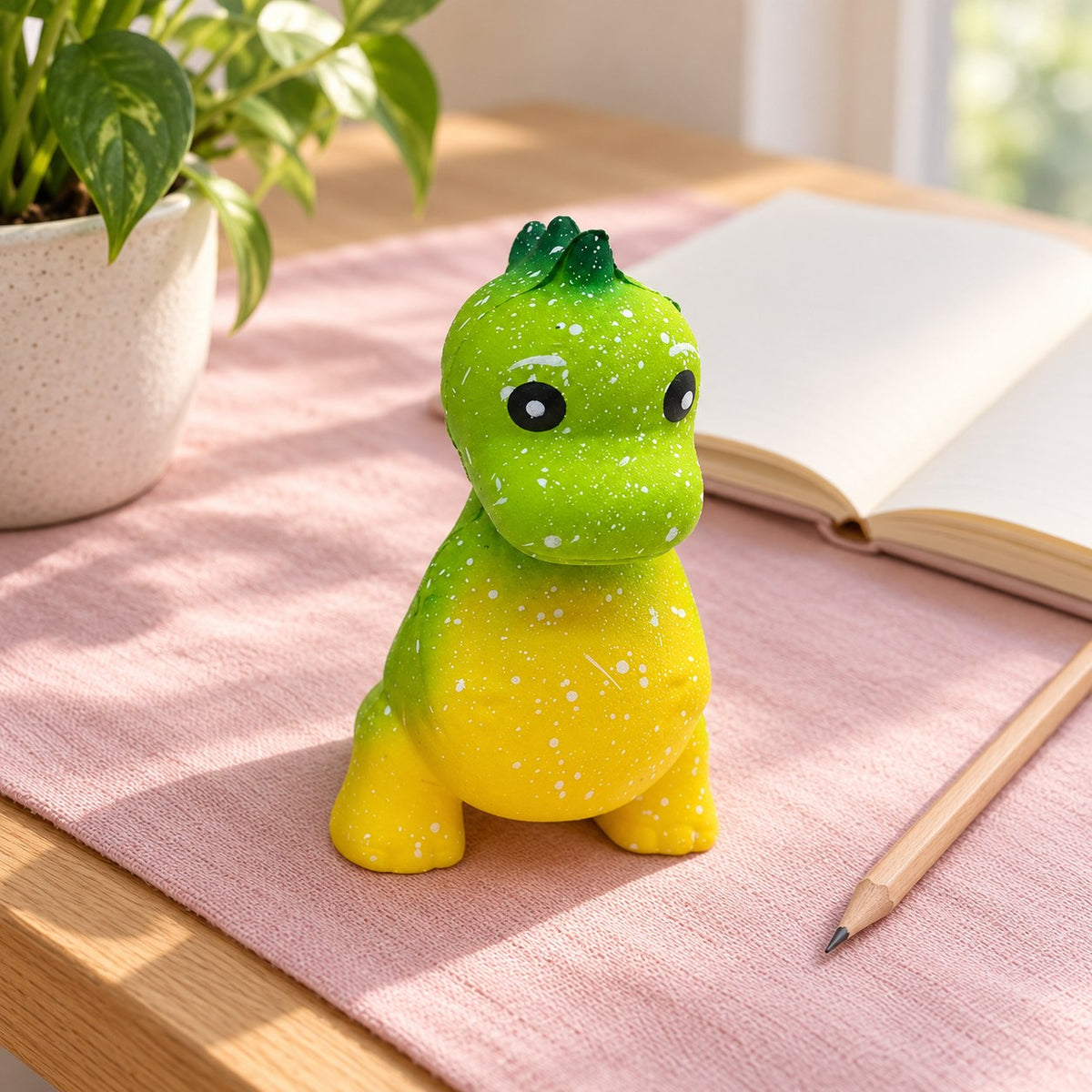 Dinosaurus squishy, galaxy slow rising, 10,5 cm (Groen en geel), op een bureau met notitieboek en potlood