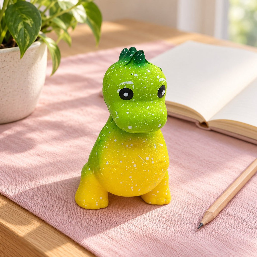 Dinosaur squishy i grøn og gul på skrivebordet ved siden af notesbog og blyant
