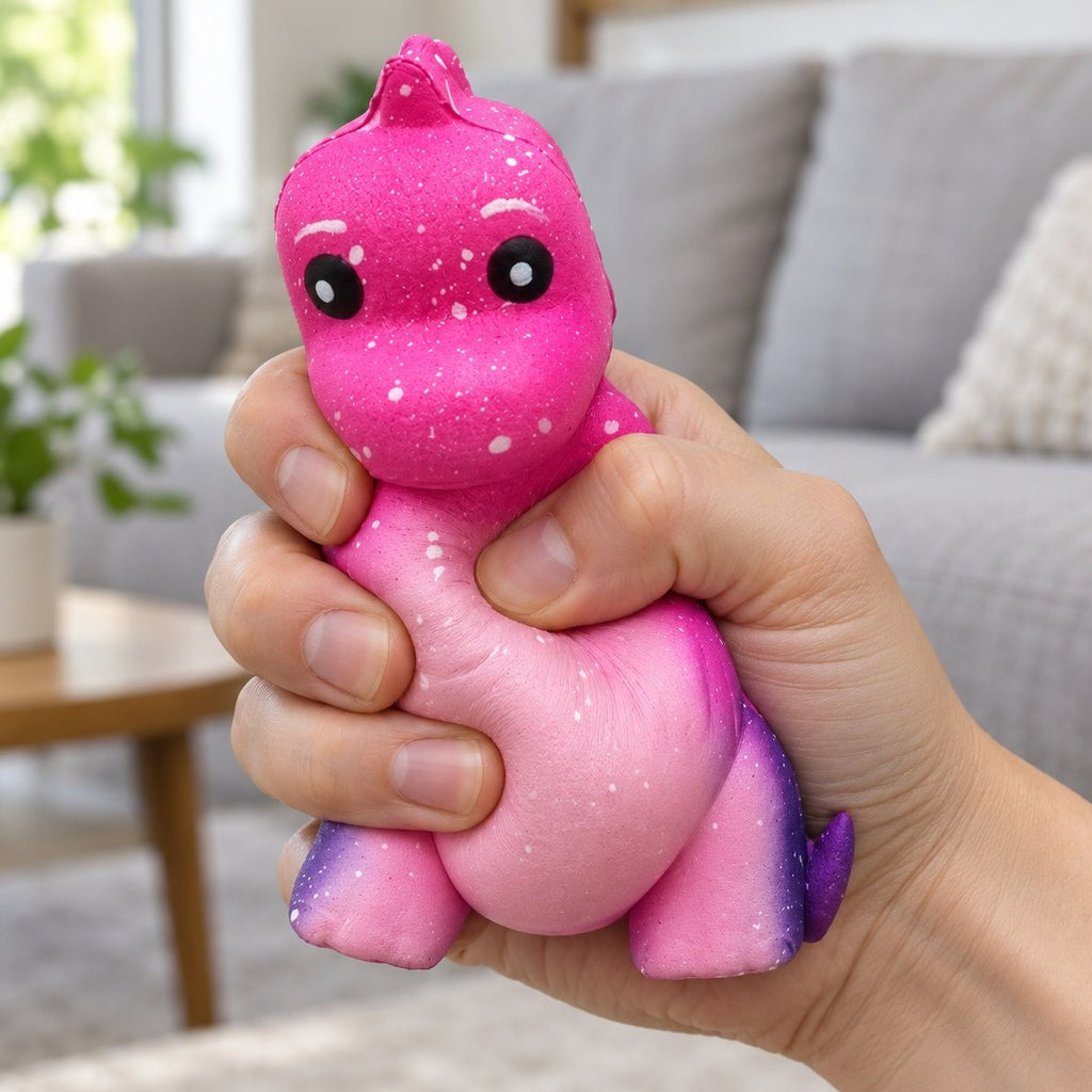 Slow rising dinosaur squishy i lyserød bliver klemt i hånden og giver dejligt efter