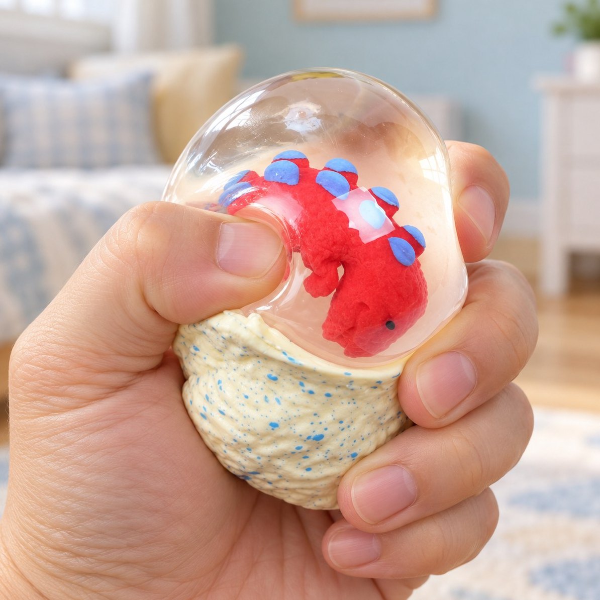 En hånd klemmer dinosauræg squishy, der giver dejligt efter