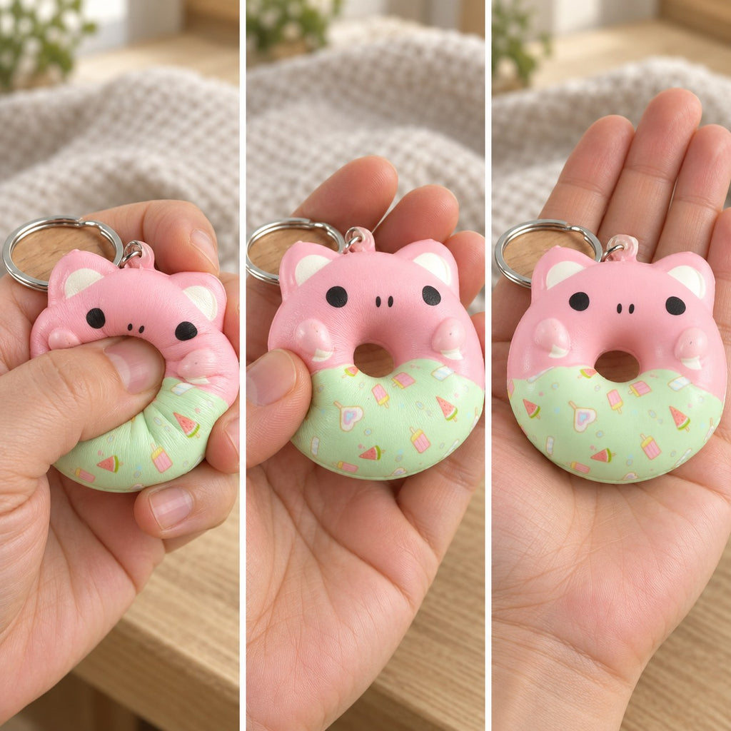 Squishy přívěsek donut se zvířecím obličejem, slow rising, zmáčknutý, napůl a znovu v původním tvaru