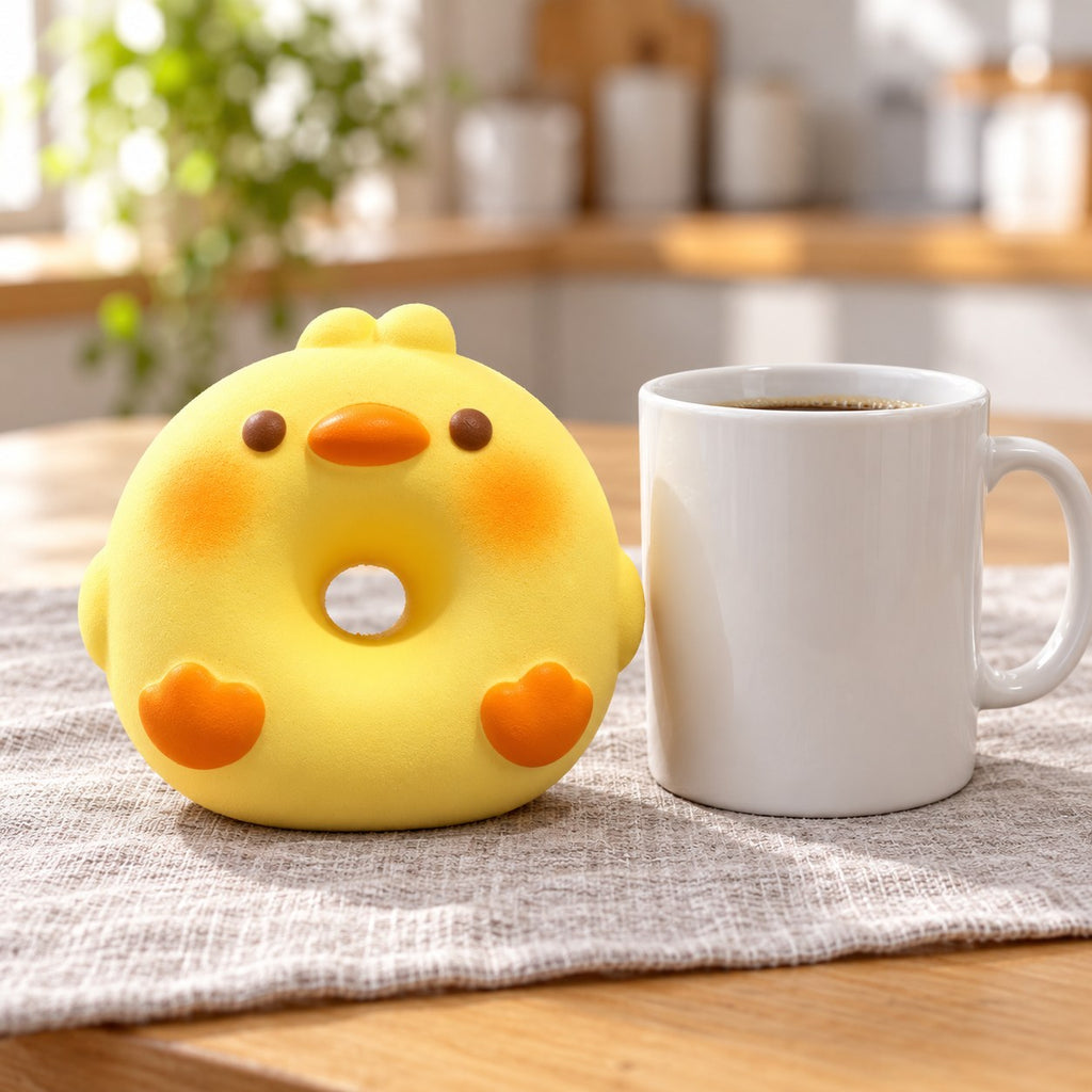 Squishy dónut cerdito o pato, pan flotador, junto a una taza de café para comparar el tamaño