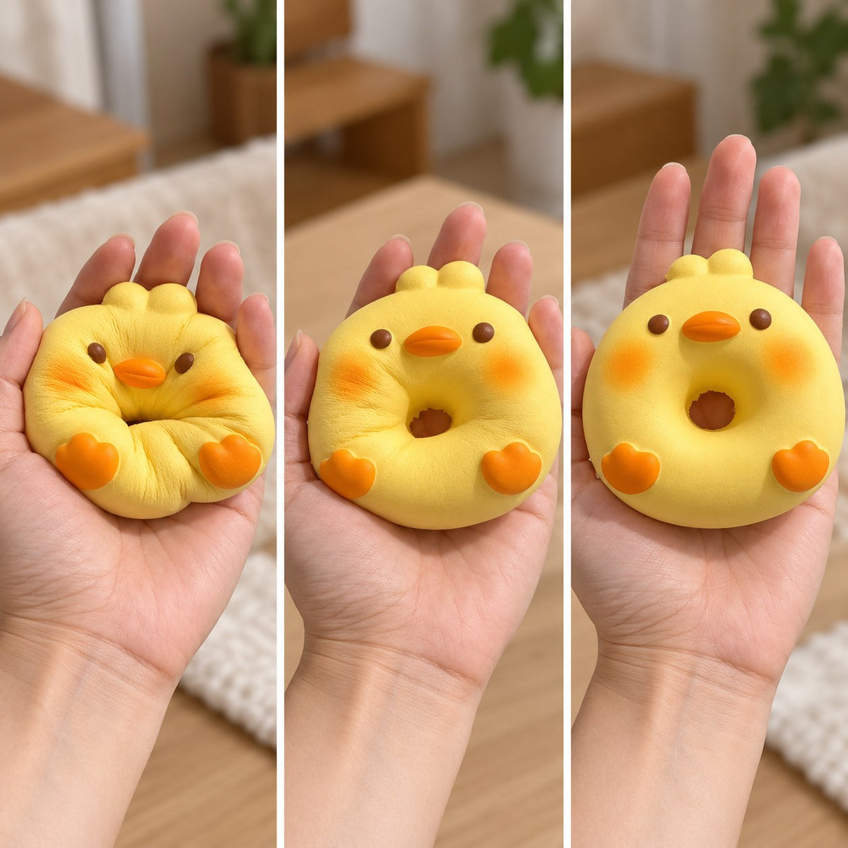 Duck squishy, squished flat, half risen and fully back in shape