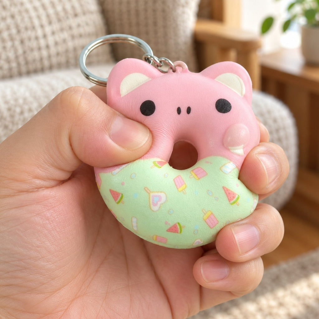 Donut squishy sleutelhanger met dierengezichtje wordt in de hand ingedrukt, lekker zacht