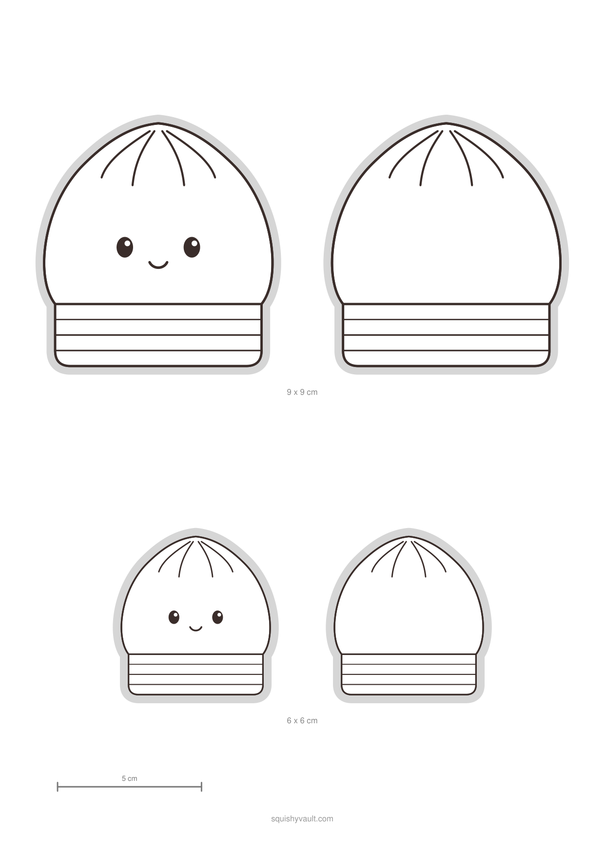 Papier Squishy Vorlage Dumpling als schwarzer Umriss zum Ausmalen, Vorder- und Rückseite
