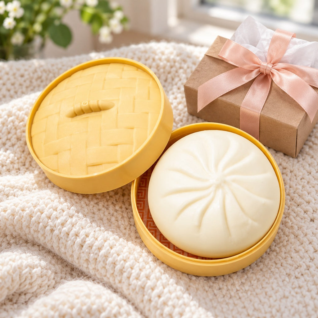 Bao Dumpling Squishy in Steamer Basket, as a small gift next to a wrapped box