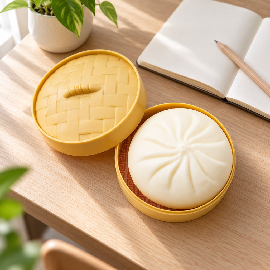 Bao Dumpling Squishy in Steamer Basket, on a desk with a notebook and pencil