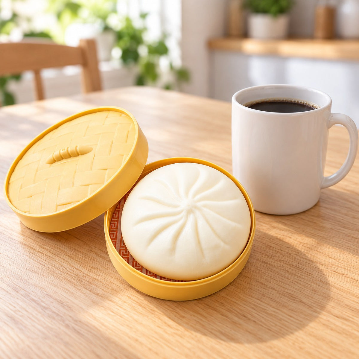 Bao Dumpling Squishy in Steamer Basket, next to a coffee mug for size comparison