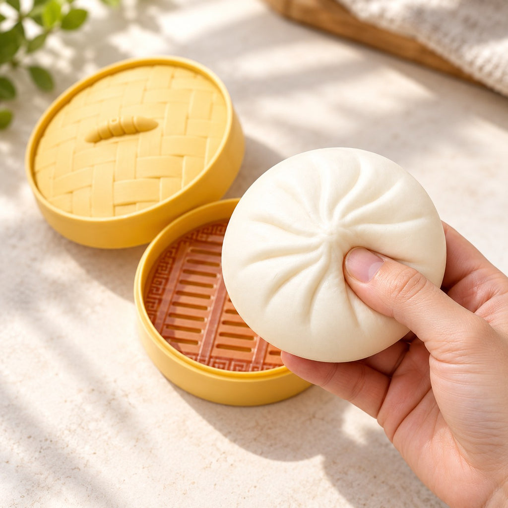 Bao Dumpling Squishy in Steamer Basket, being squeezed by hand, soft and squishy