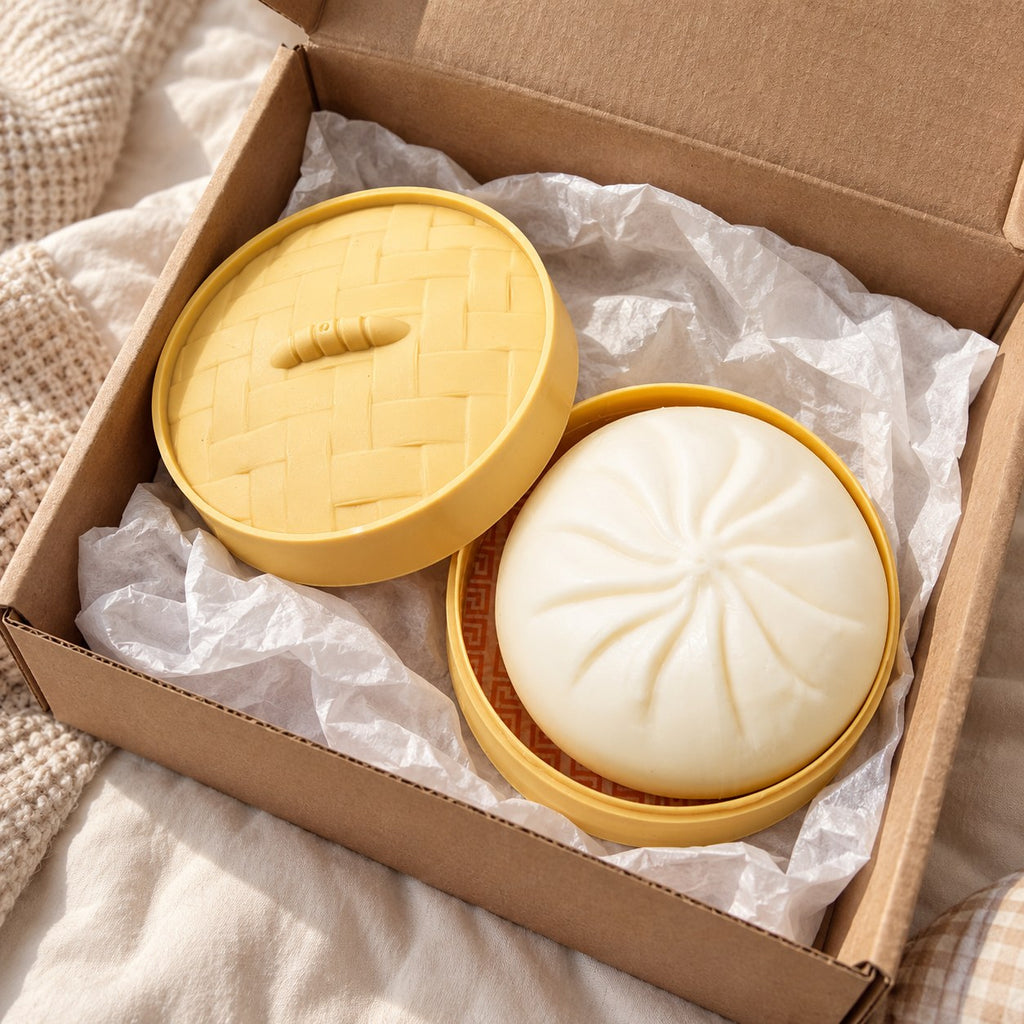 Bao Dumpling Squishy in Steamer Basket, unboxed from a parcel with tissue paper