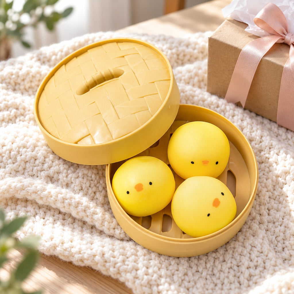 Chick Bao Squishy, 3 Buns in Steamer Basket, as a small gift next to a wrapped box