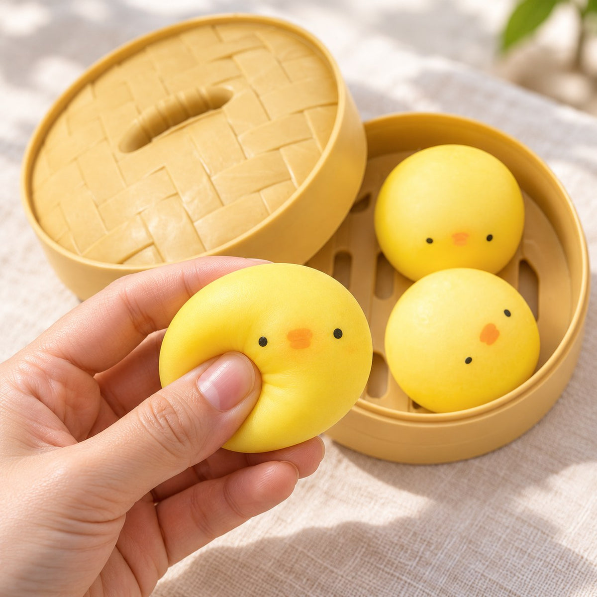 Chick Bao Squishy, 3 Buns in Steamer Basket, being squeezed by hand, soft and squishy