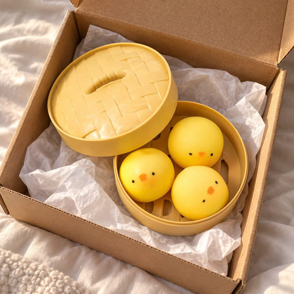 Chick Bao Squishy, 3 Buns in Steamer Basket, unboxed from a parcel with tissue paper