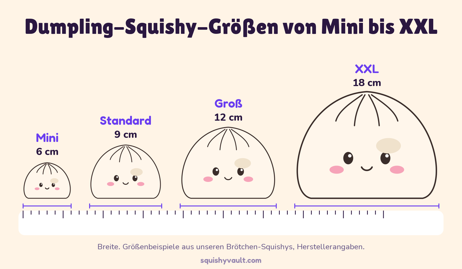 Dumpling Squishy Größen maßstabsgetreu auf einem Lineal: Mini 6 cm, Standard 9 cm, Groß 12 cm und XXL 18 cm