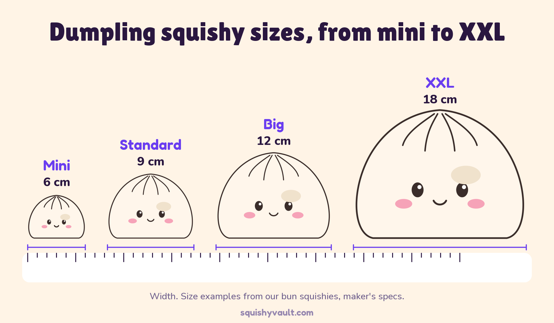 Four dumpling squishies drawn to scale on a ruler, mini 6 cm, standard 9 cm, big 12 cm and XXL 18 cm
