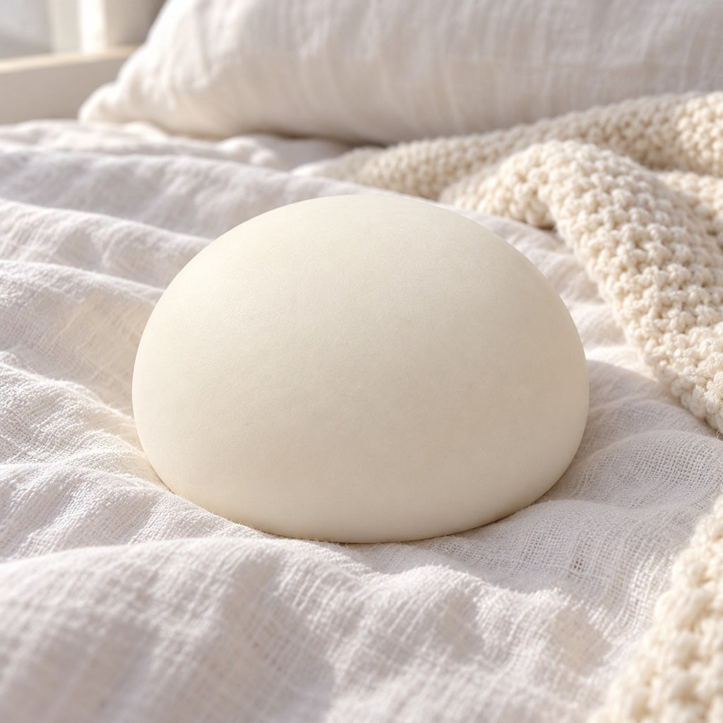 Steamed bun squishy (white), on a cozy bed with soft blankets