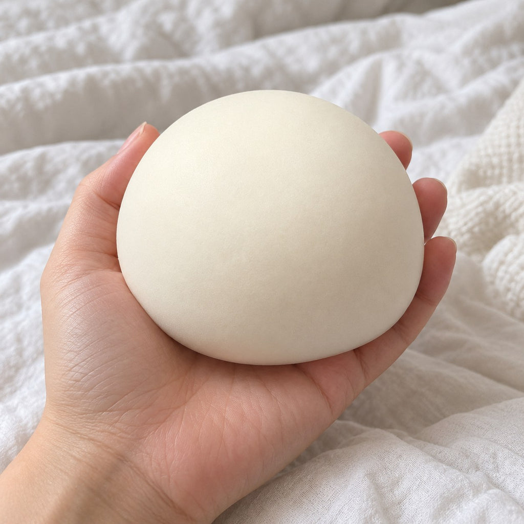 Steamed bun squishy (white), held toward the camera, first-person view