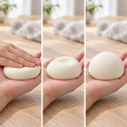 Steamed bun squishy dumpling (white), squished flat, half risen and fully back in shape