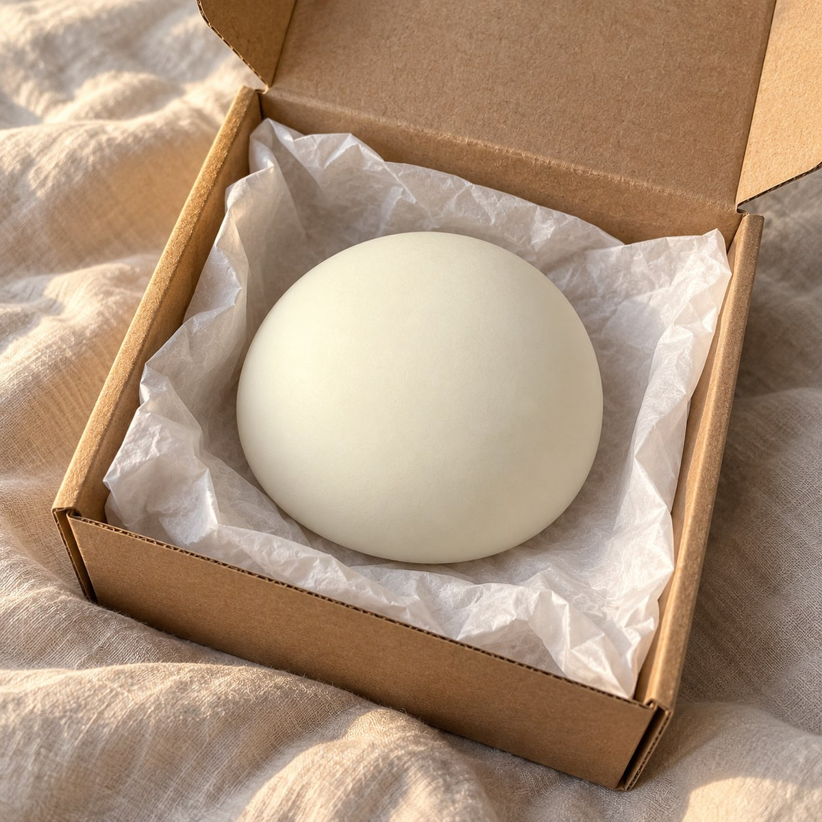Steamed bun squishy dumpling (white), unboxed from a parcel with tissue paper
