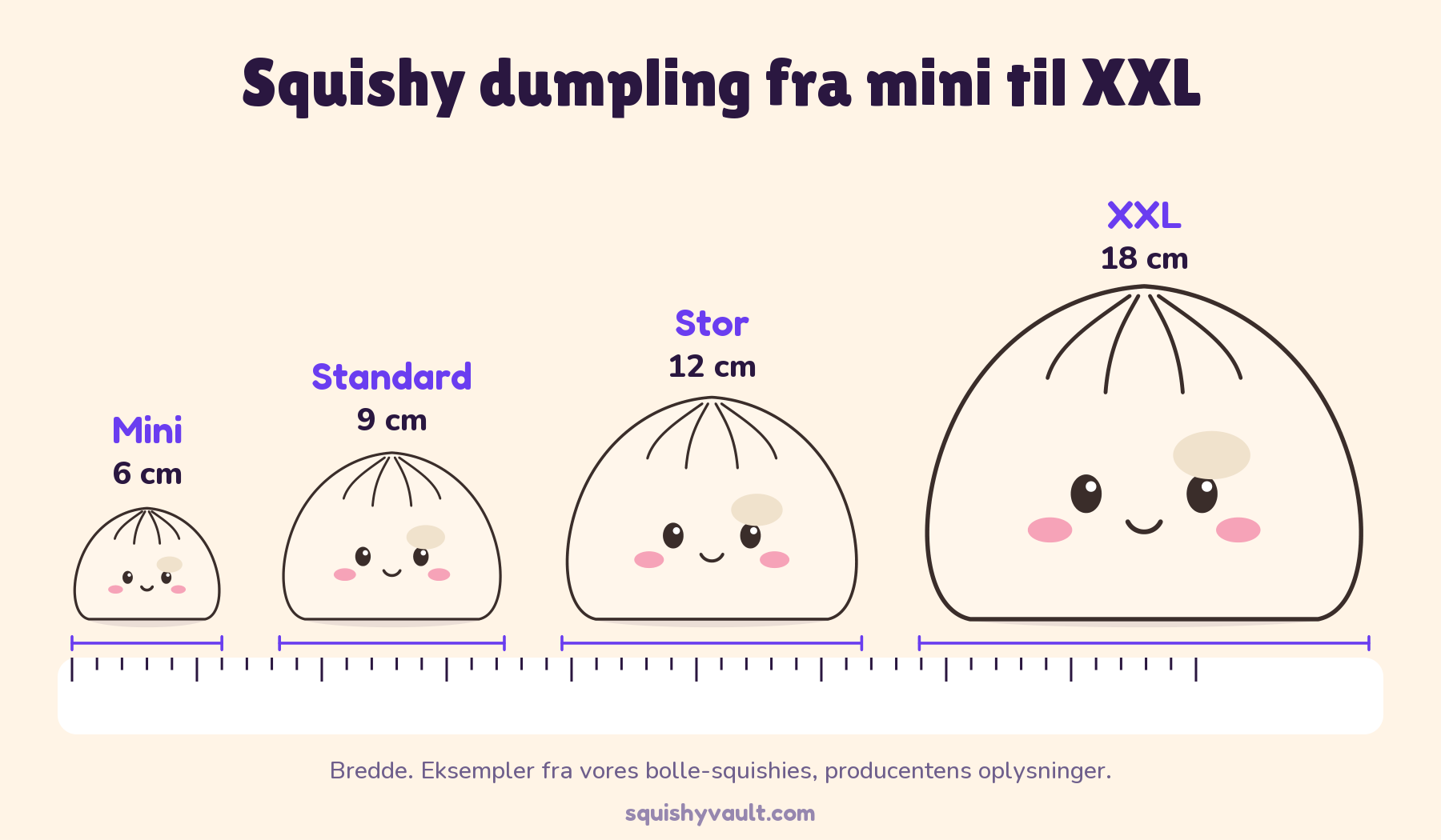 Dumpling squishy størrelser tegnet i skala på en lineal: mini 6 cm, standard 9 cm, stor 12 cm og XXL 18 cm