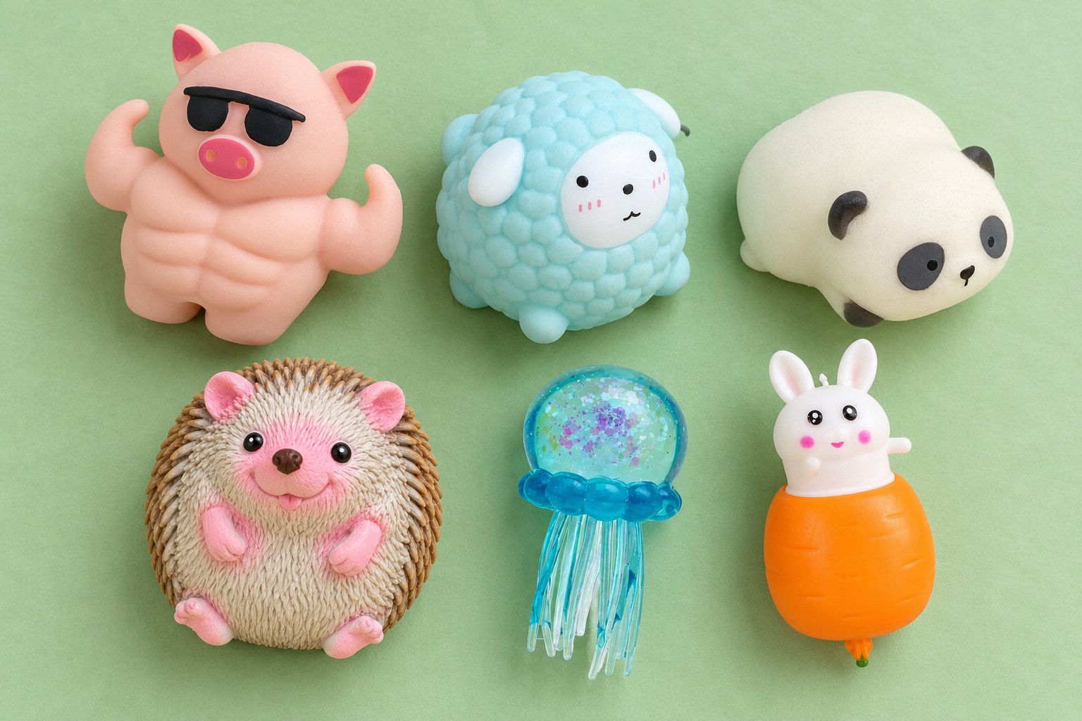 Dyr squishy set ovenfra på pastelgrøn: muskelgris med solbriller, får, panda, pindsvin, vandmand og kanin i gulerod